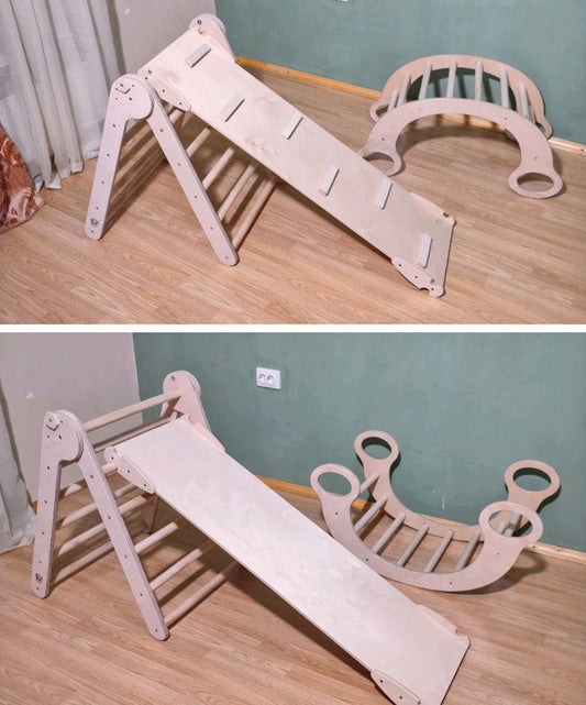 Complesso di allenamento per bambini basato sui metodi Montessori e Pikler: arco, triangolo, scala trasformabile e scivolo, 4 pezzi