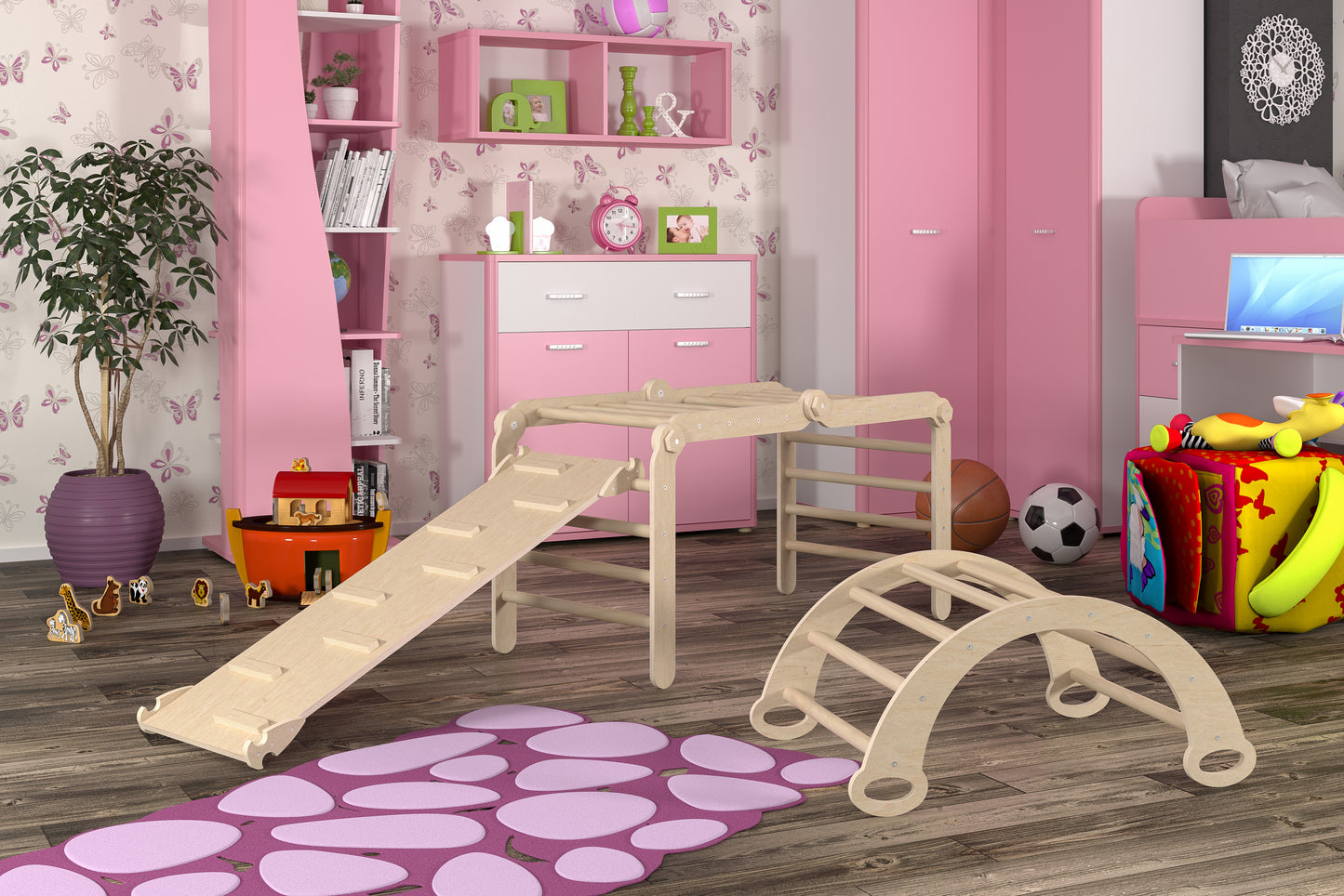 Complesso di allenamento per bambini basato sui metodi Montessori e Pikler: arco, triangolo, scala trasformabile e scivolo, 4 pezzi